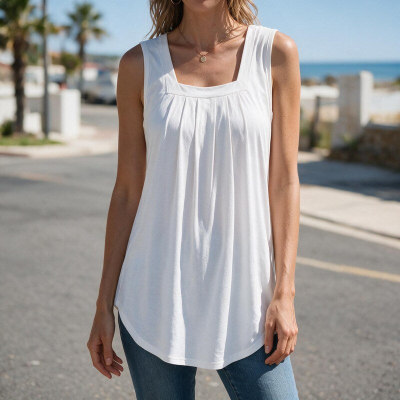 Top Women Sleeveless Square Neck | Pleated Front Tunic#colour_white