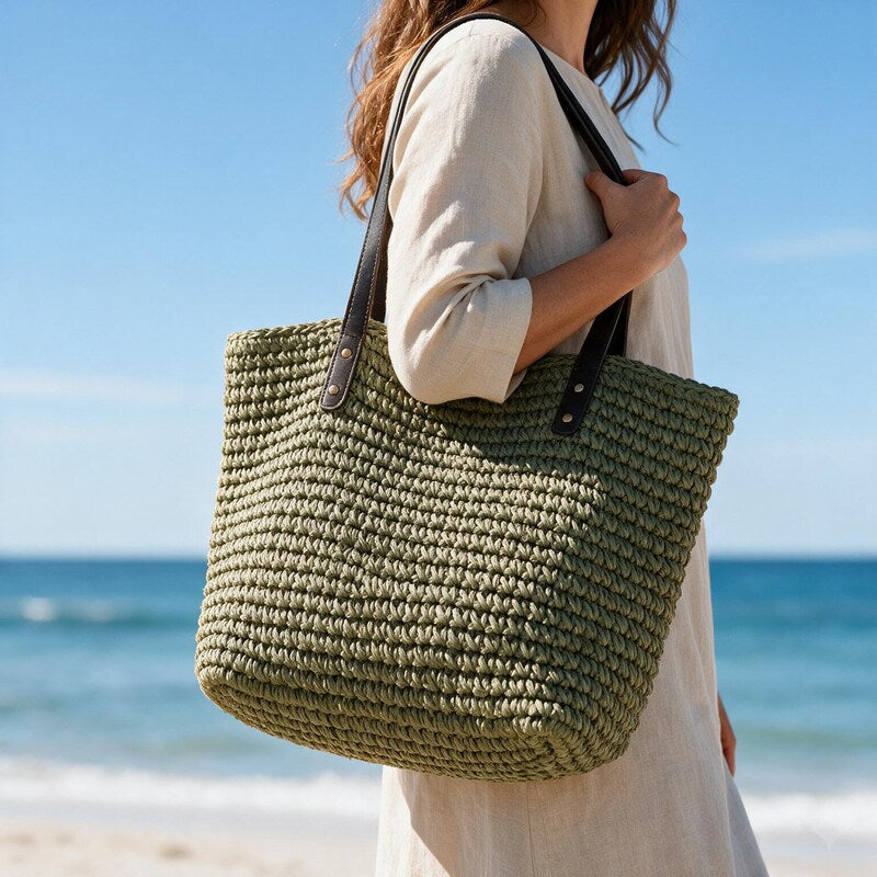 Tote Bag Women Chunky Woven Straw | Leather Strap Summer Carry in Green#colour_green