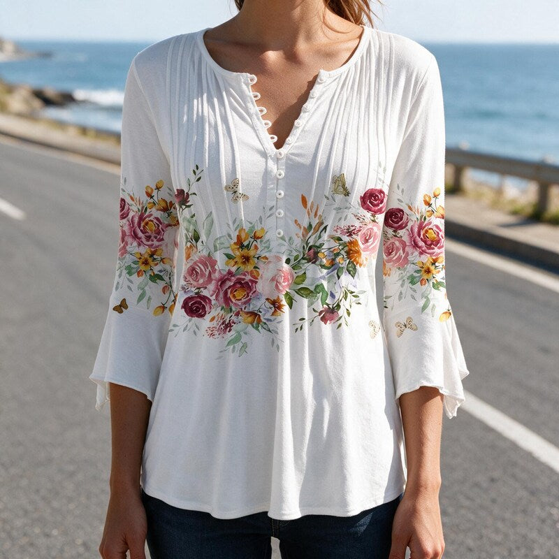 T Shirt Women Floral Print Tunic | Button Placket and Pin Tucks in White#colour_white