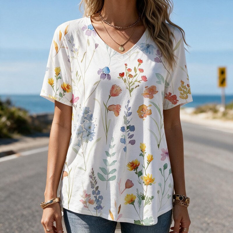 T Shirt Women Watercolour Wildflower Print | V Neck and Short Sleeves in White#colour_white