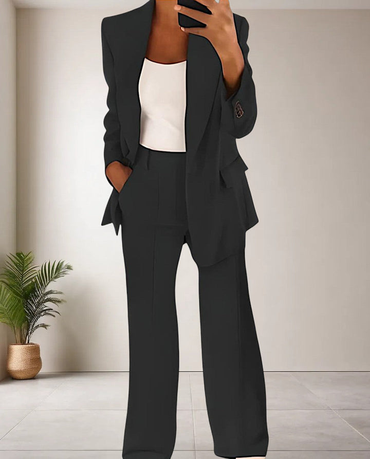 Two Piece Set Pants and Top Tailored Blazer | Matching Wide Leg Trousers in Black#colour_black