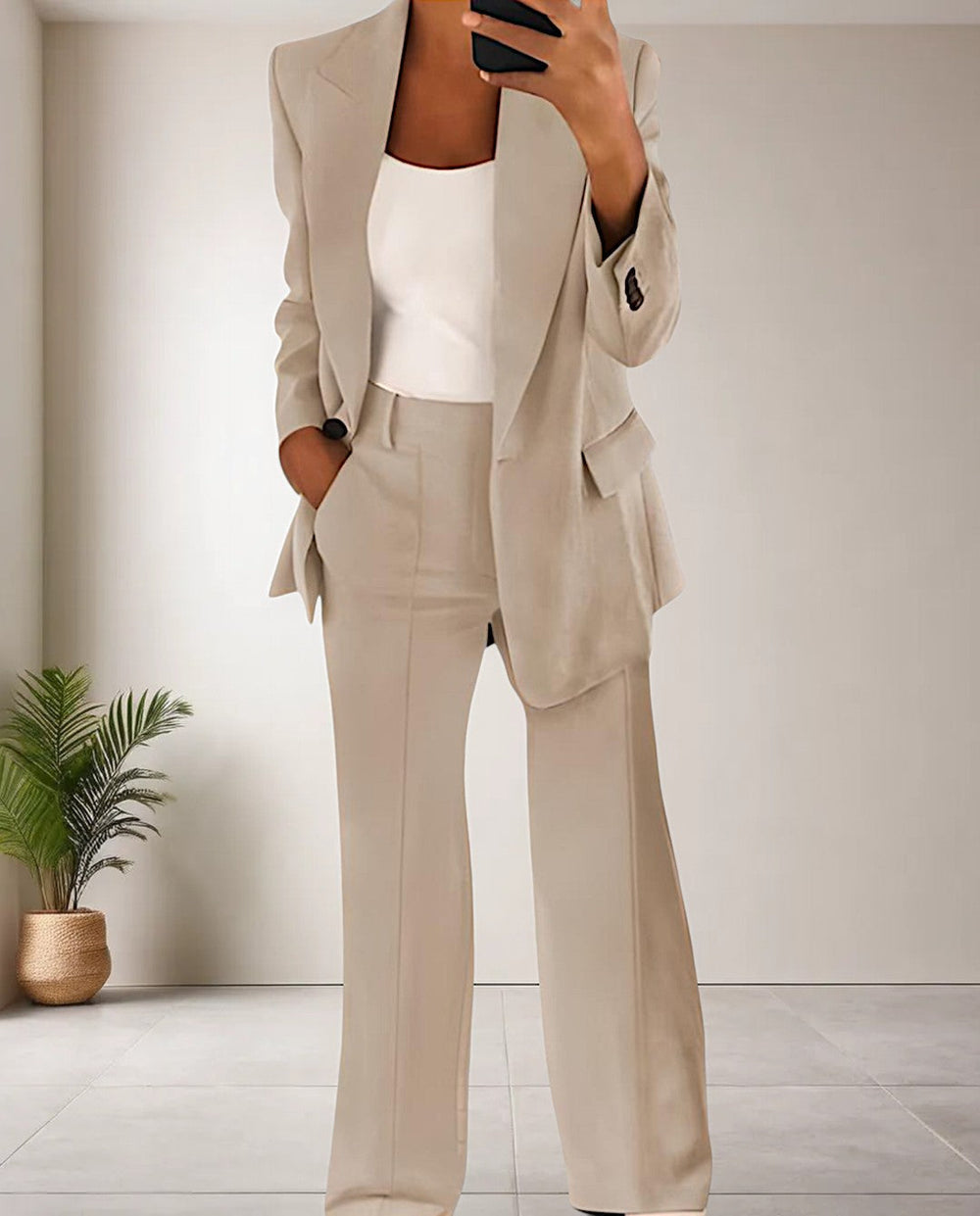 Two Piece Set Pants and Top Tailored Blazer | Matching Wide Leg Trousers in Beige#colour_beige