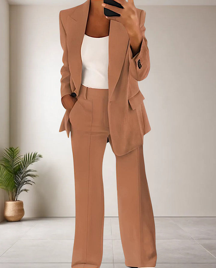 Two Piece Set Pants and Top Tailored Blazer | Matching Wide Leg Trousers in Brown#colour_brown