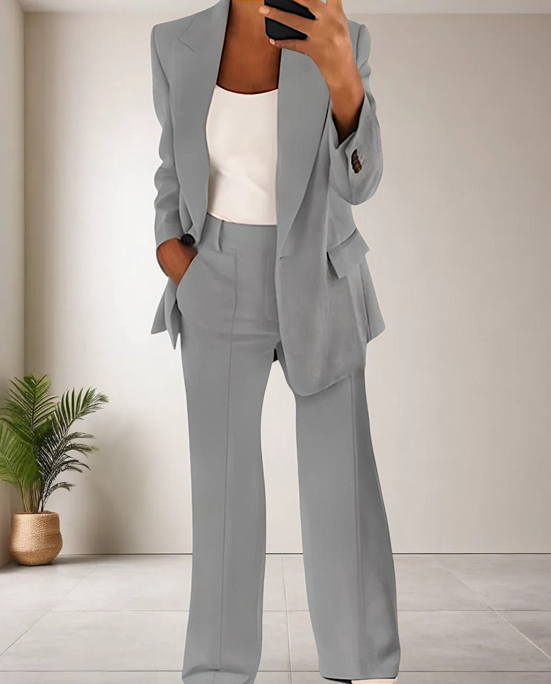 Two Piece Set Pants and Top Tailored Blazer | Matching Wide Leg Trousers in Grey#colour_grey