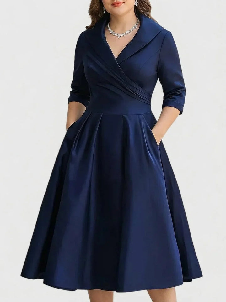 Cocktail Dresses for Wedding Shawl Wrap Collar | Pleated A Line Knee Length in Navy#colour_navy