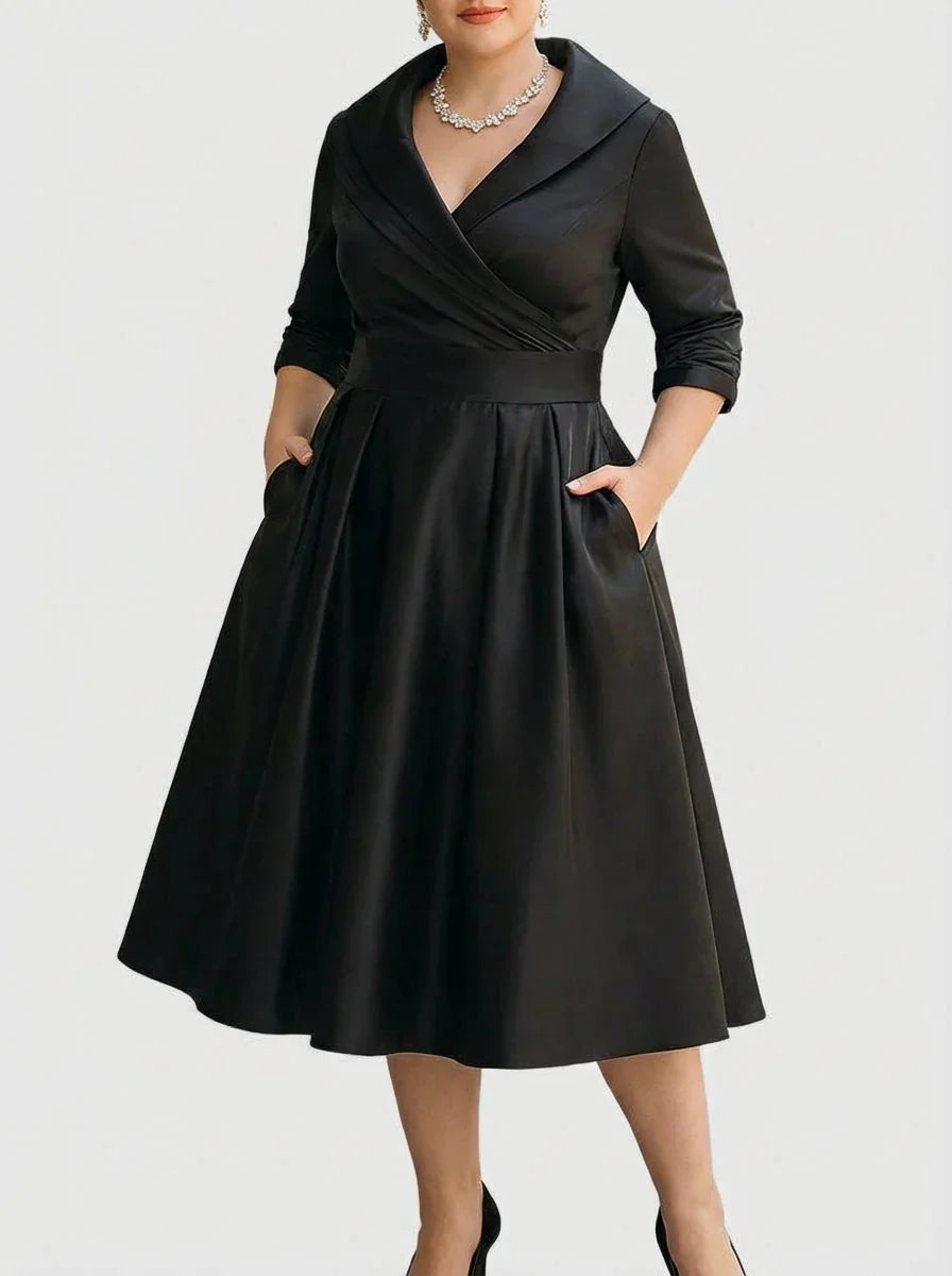 Cocktail Dresses for Wedding Shawl Wrap Collar | Pleated A Line Knee Length in Black#colour_black