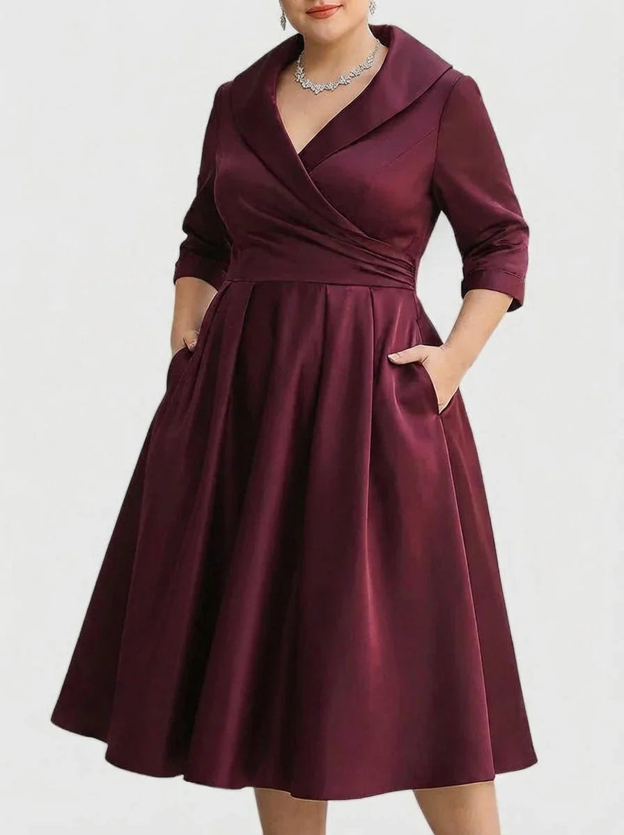 Cocktail Dresses for Wedding Shawl Wrap Collar | Pleated A Line Knee Length in Burgundy#colour_burgundy