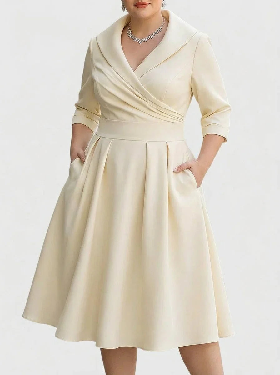 Cocktail Dresses for Wedding Shawl Wrap Collar | Pleated A Line Knee Length in Beige#colour_beige