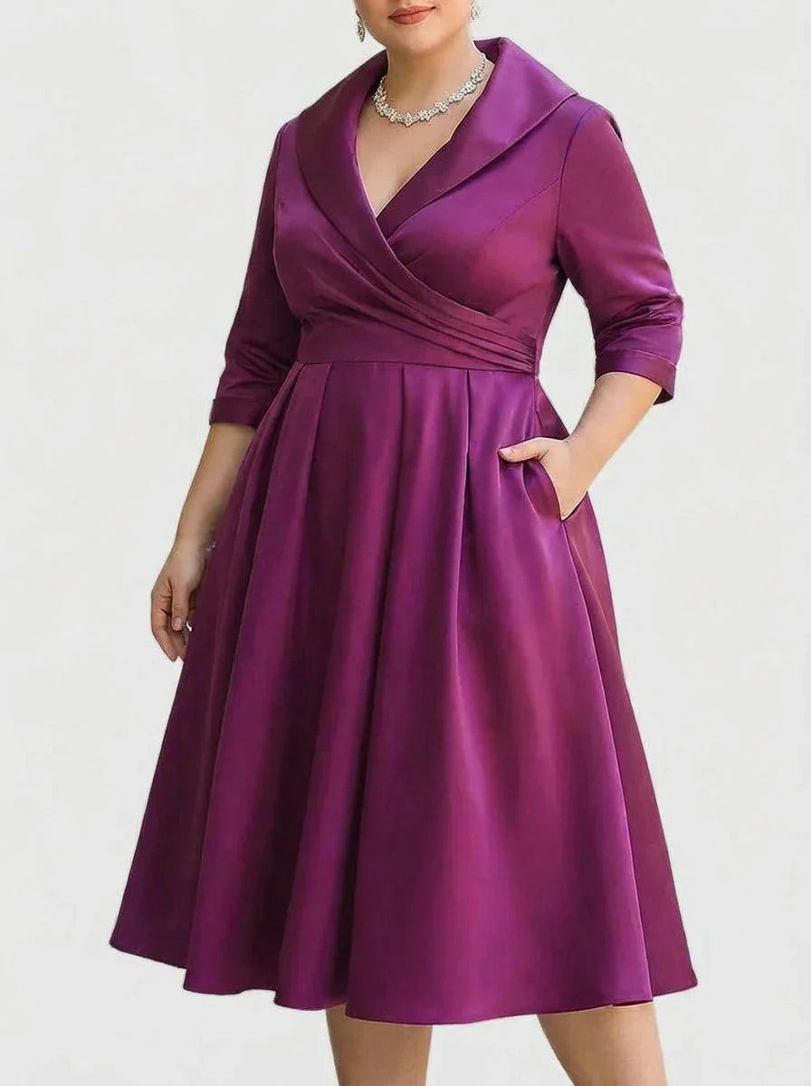 Cocktail Dresses for Wedding Shawl Wrap Collar | Pleated A Line Knee Length in Purple#colour_purple
