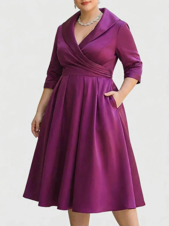 Cocktail Dresses for Wedding Shawl Wrap Collar | Pleated A Line Knee Length in Purple#colour_purple