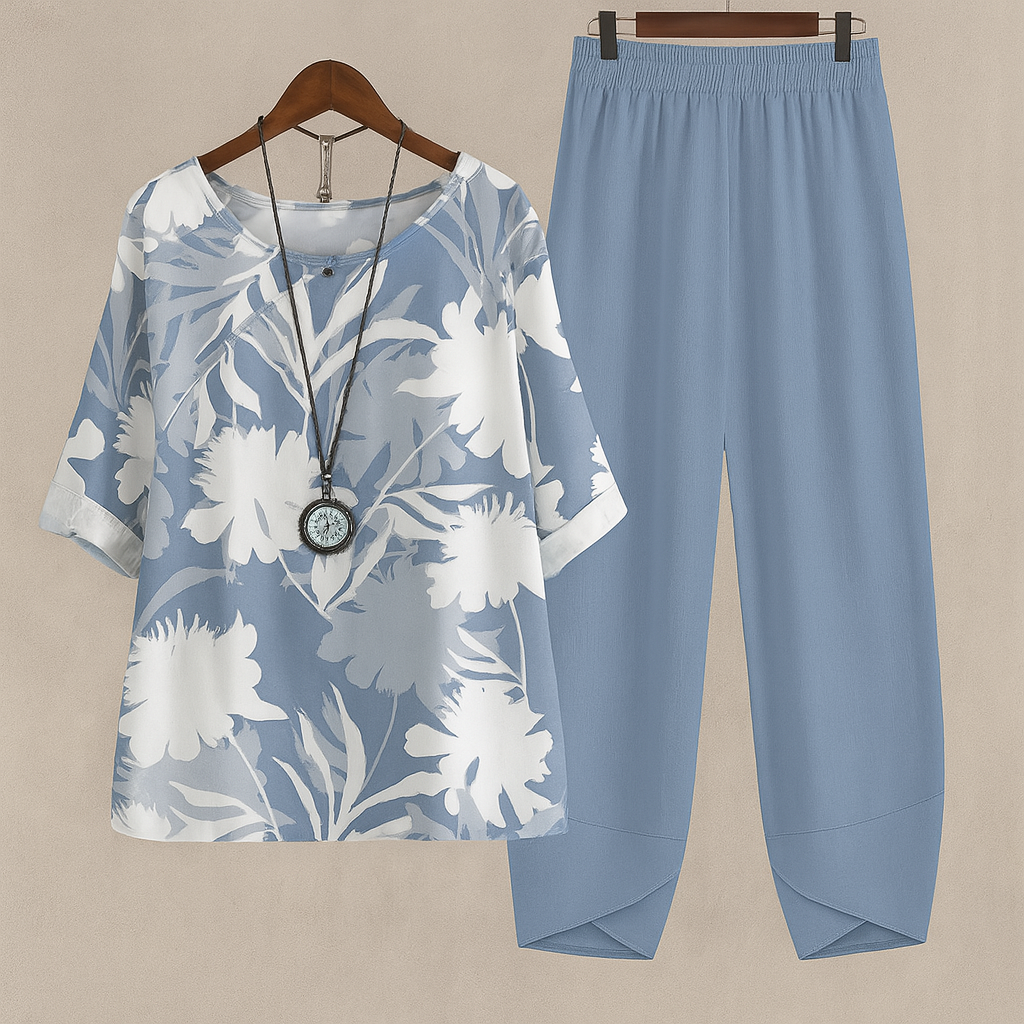Two Piece Women Leaf Print Top | Tapered Trousers and Short Sleeves in Blue#colour_blue