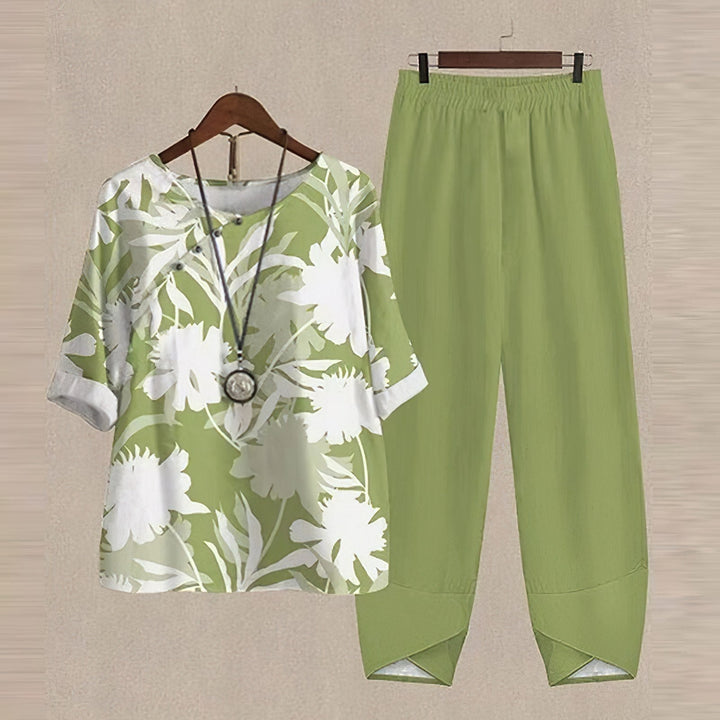 Two Piece Women Leaf Print Top | Tapered Trousers and Short Sleeves in Green#colour_green
