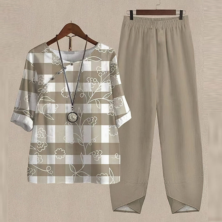 Two Piece Women Leaf Print Top | Tapered Trousers and Short Sleeves in Khaki#colour_khaki