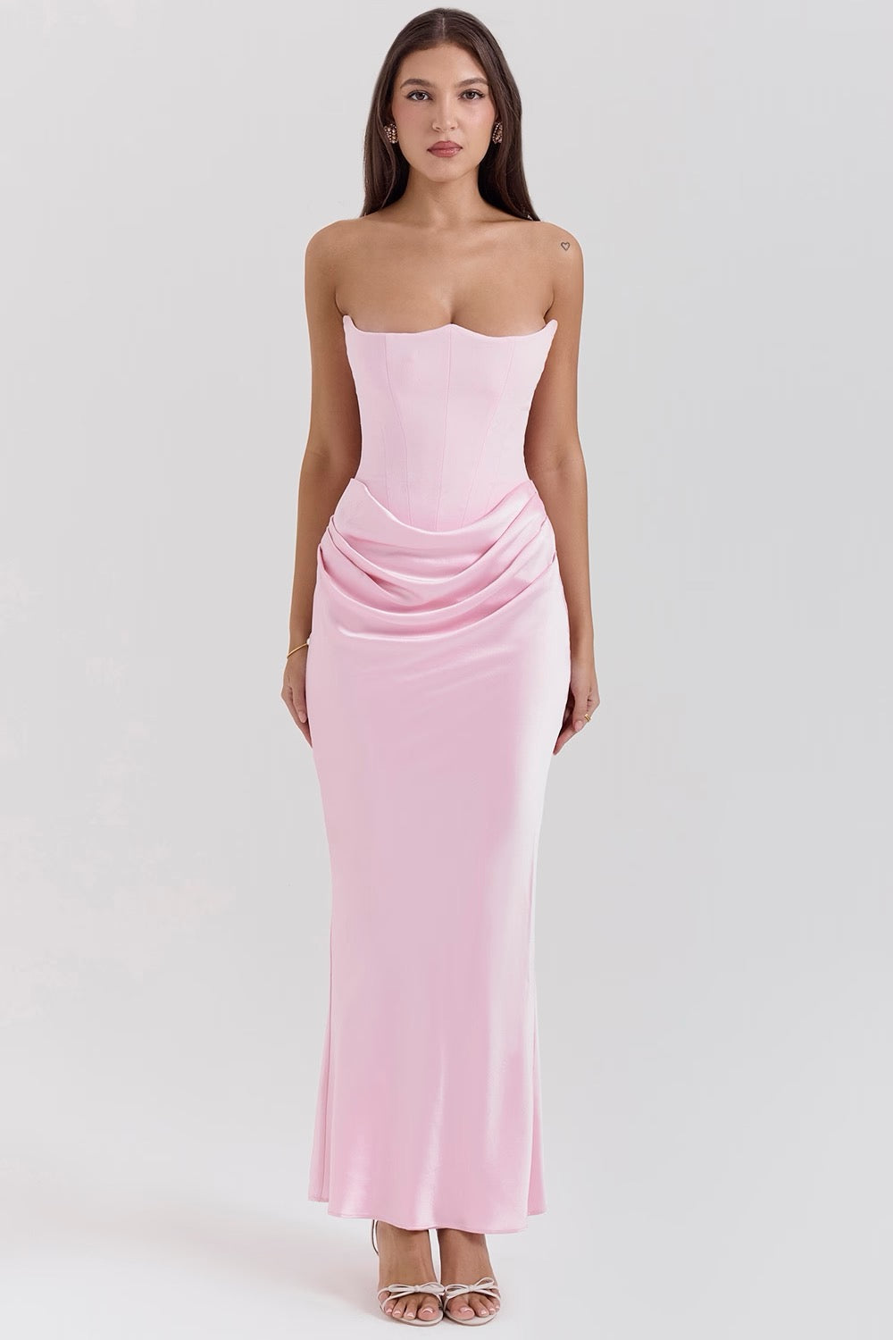 Corset Strapless Maxi Dress | Boned Bodice Satin Skirt in Light Pink#colour_light-pink