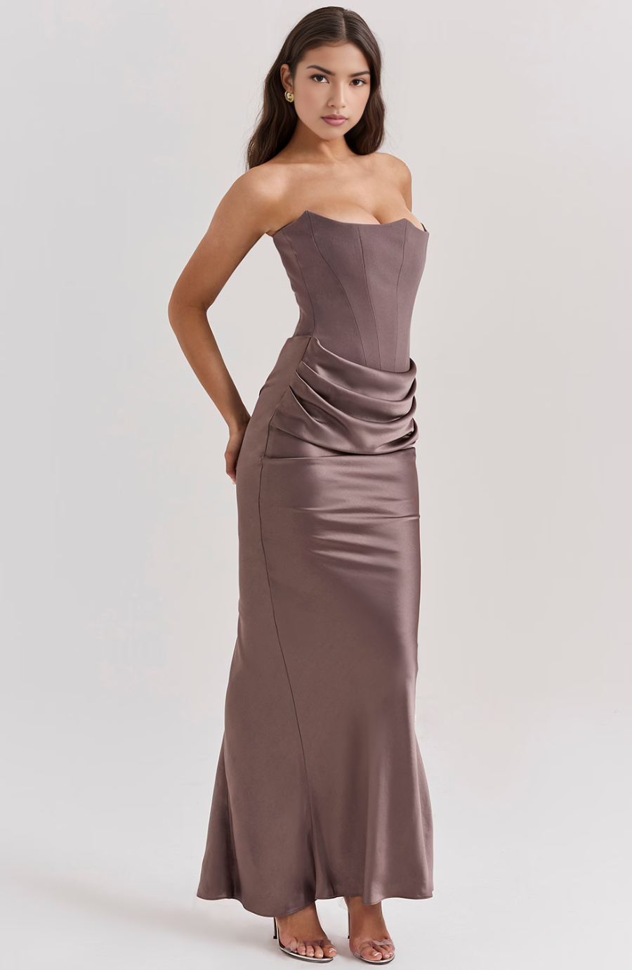 Corset Strapless Maxi Dress | Boned Bodice Satin Skirt in Brown#colour_brown