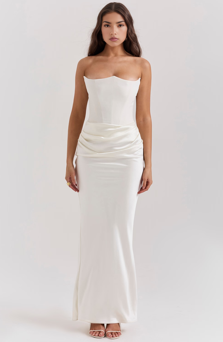 Corset Strapless Maxi Dress | Boned Bodice Satin Skirt in White#colour_white