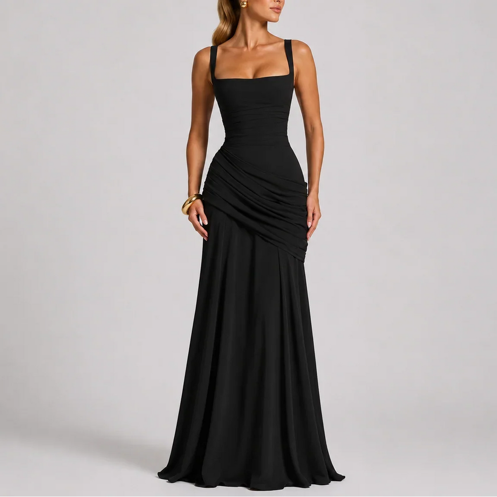 Formal Dresses Ruched Square Neck Maxi | Spaghetti Straps in Black#colour_black