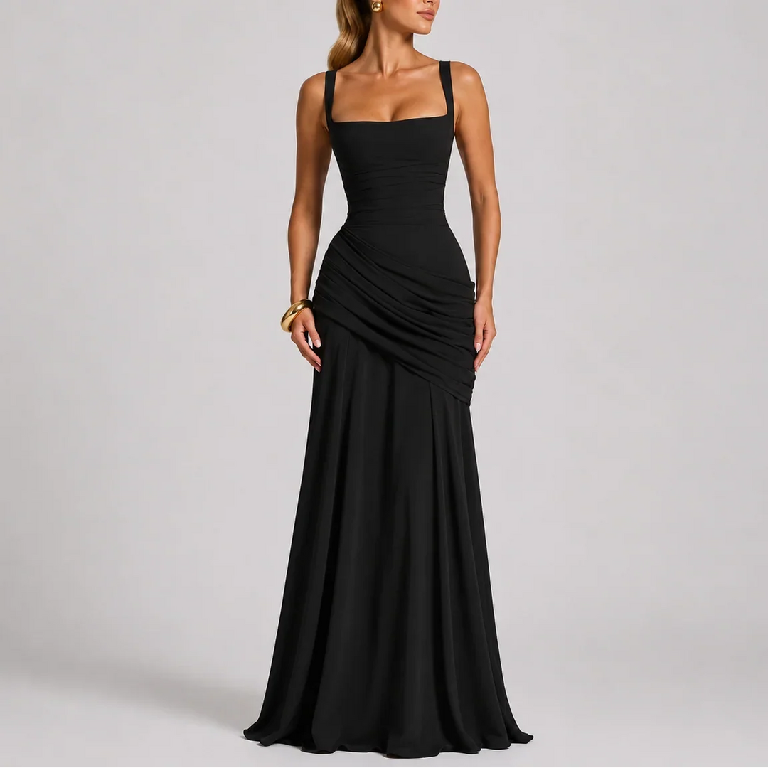 Formal Dresses Ruched Square Neck Maxi | Spaghetti Straps in Black#colour_black