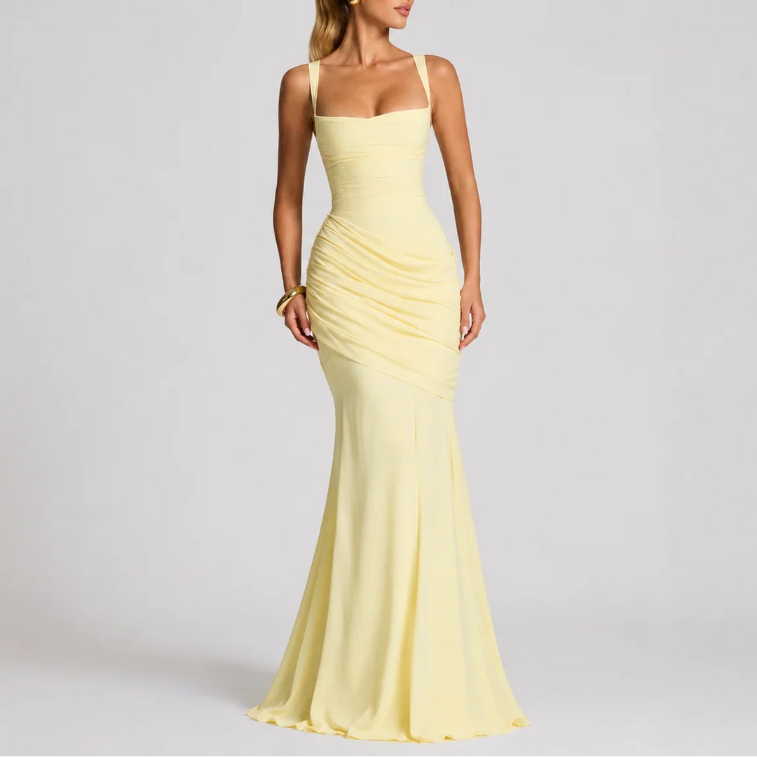 Formal Dresses Ruched Square Neck Maxi | Spaghetti Straps in Yellow#colour_yellow