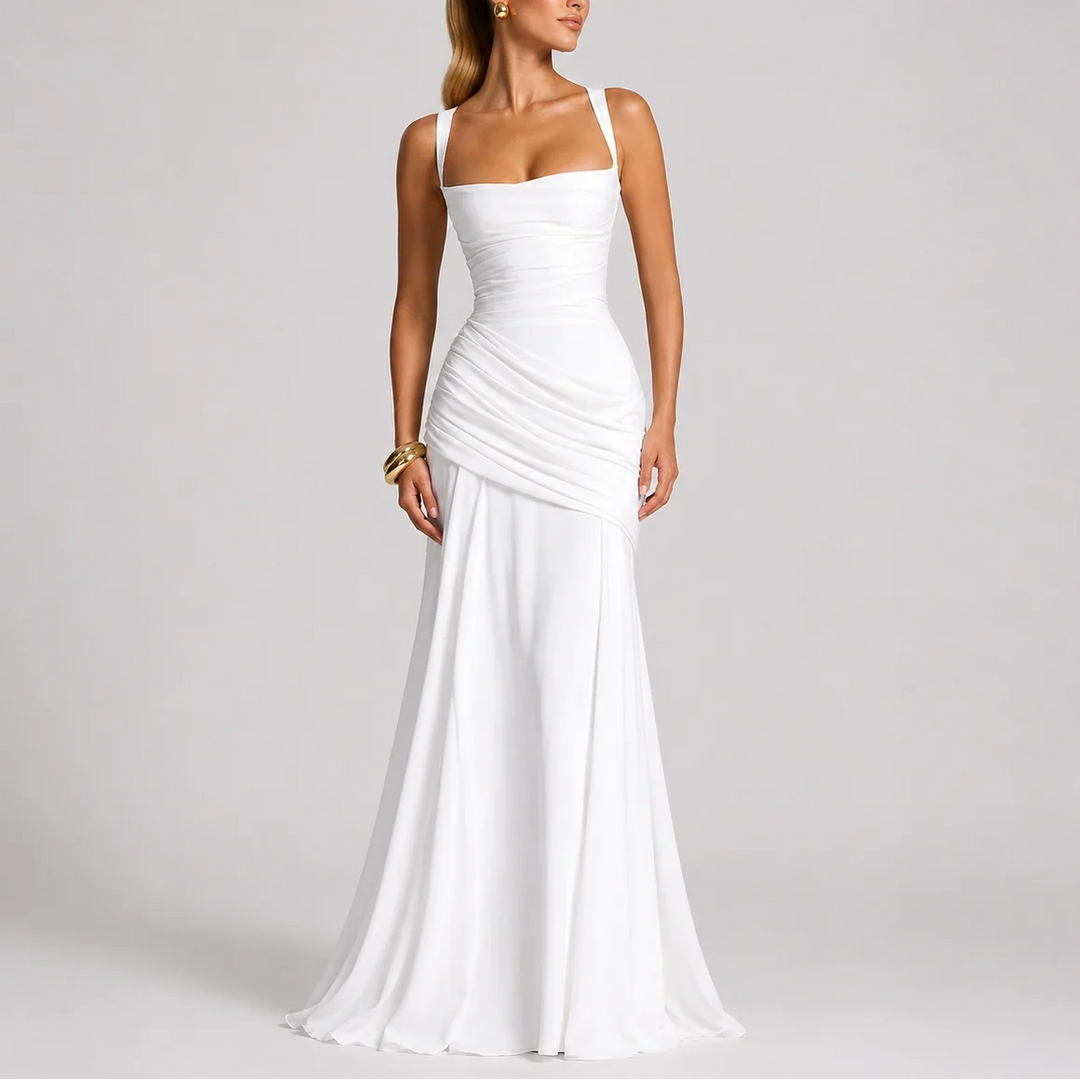 Formal Dresses Ruched Square Neck Maxi | Spaghetti Straps in White#colour_white