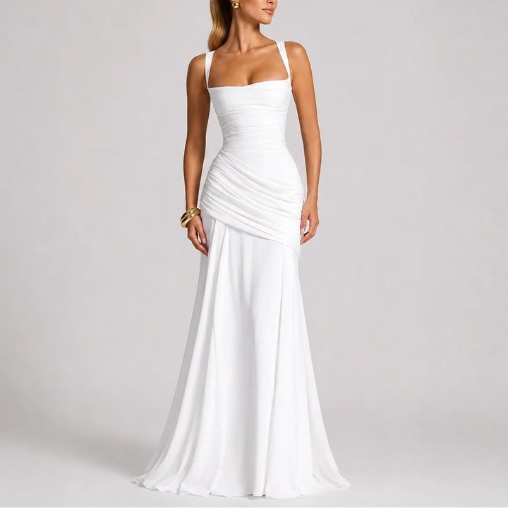 Formal Dresses Ruched Square Neck Maxi | Spaghetti Straps in White#colour_white