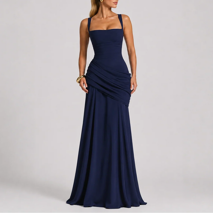 Formal Dresses Ruched Square Neck Maxi | Spaghetti Straps in Navy#colour_navy