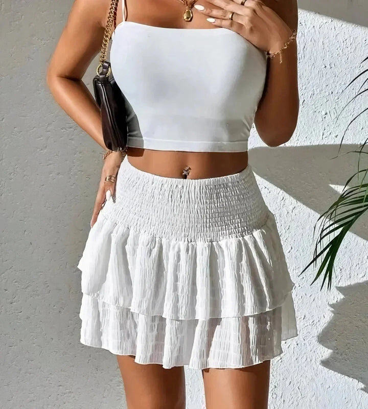 Skirt Women Tiered Mini | Smocked Waistband and Ruffled Layers – White #colour_white