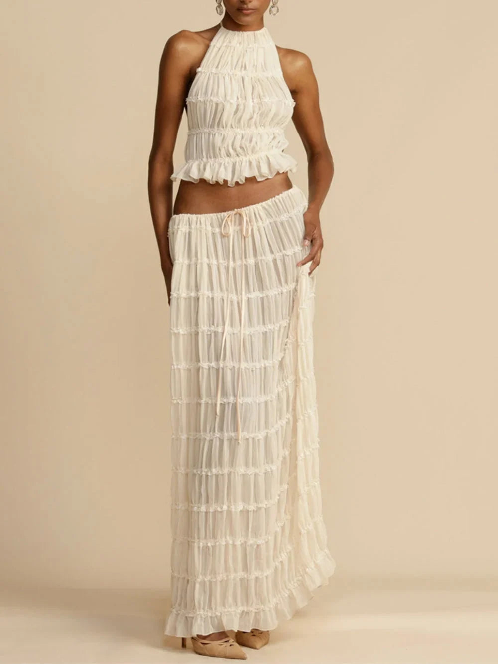 White Maxi Skirt Women with Pleated Fall in White#colour_white