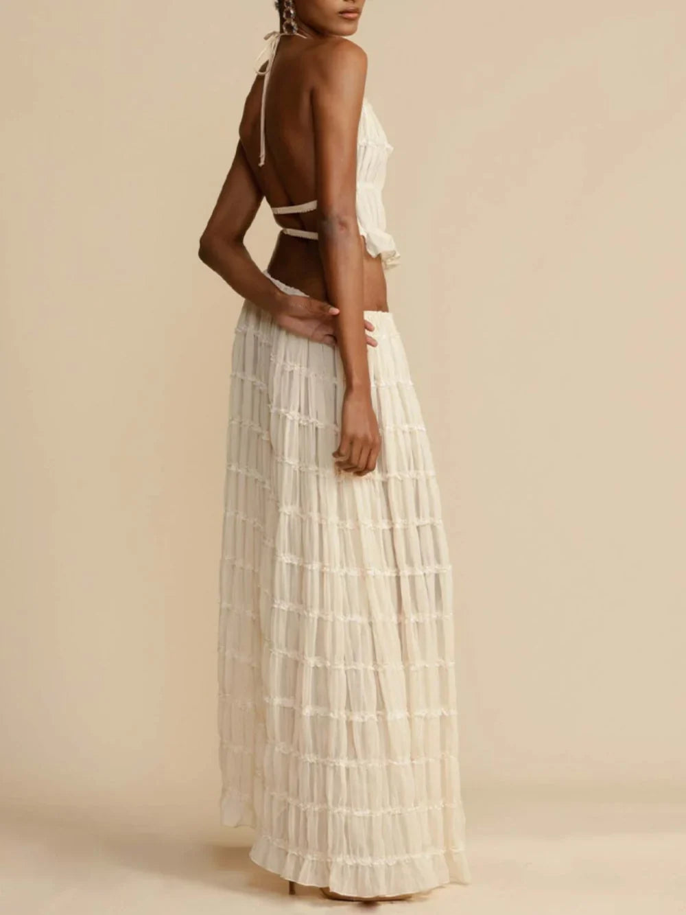 White Maxi Skirt Women with Pleated Fall in White#colour_white