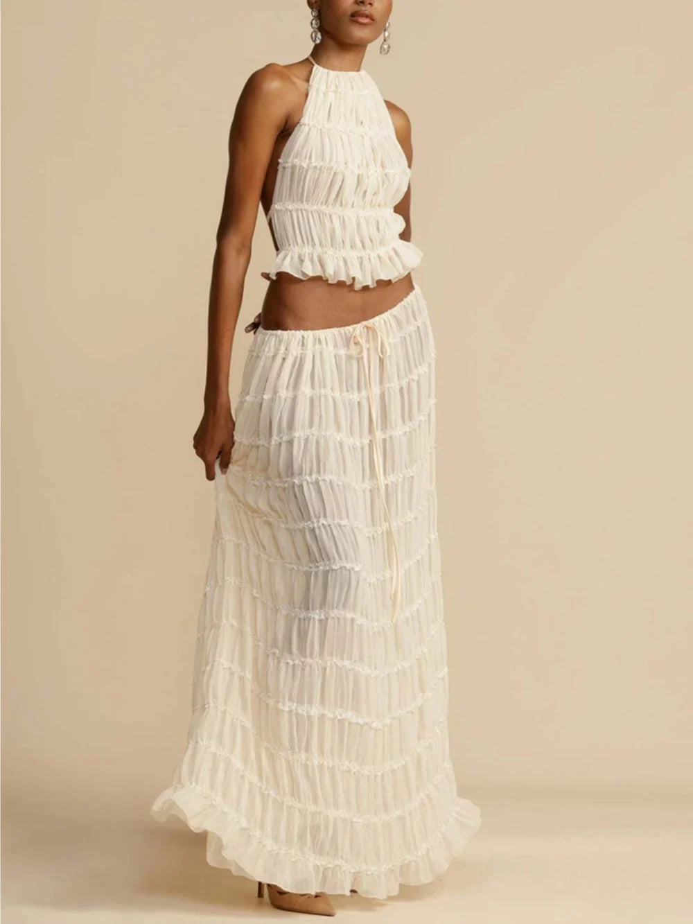 White Maxi Skirt Women with Pleated Fall in White#colour_white