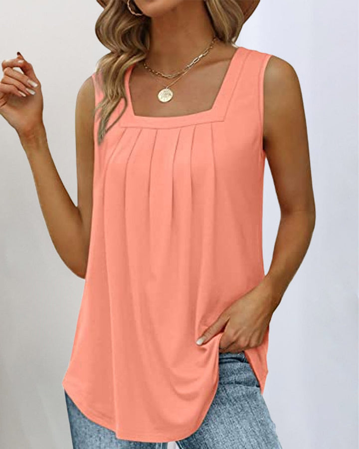 Top Women Sleeveless Square Neck | Pleated Front Tunic in Apricot#colour_apricot