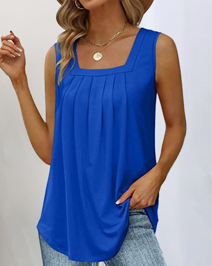 Top Women Sleeveless Square Neck | Pleated Front Tunic in Blue#colour_blue