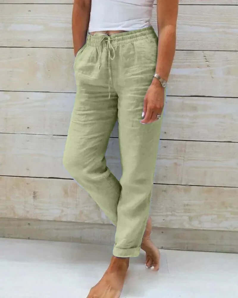 Linen Pants Women Straight Leg | Elasticated Waist with Side Pockets – Green #colour_green