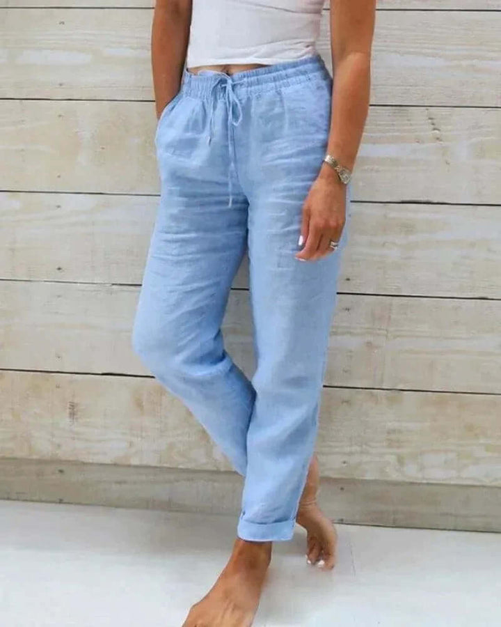 Linen Pants Women Straight Leg | Elasticated Waist with Side Pockets – Blue #colour_blue