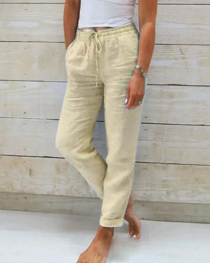 Linen Pants Women Straight Leg | Elasticated Waist with Side Pockets – Beige #colour_beige