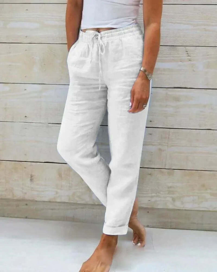 Linen Pants Women Straight Leg | Elasticated Waist with Side Pockets – White #colour_white