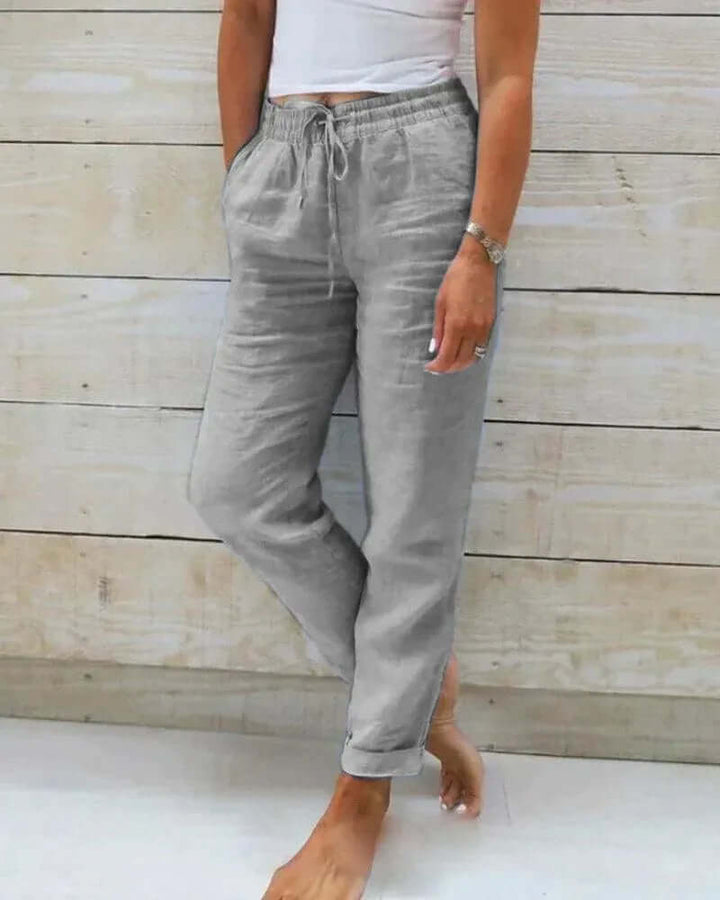 Linen Pants Women Straight Leg | Elasticated Waist with Side Pockets – Grey #colour_grey