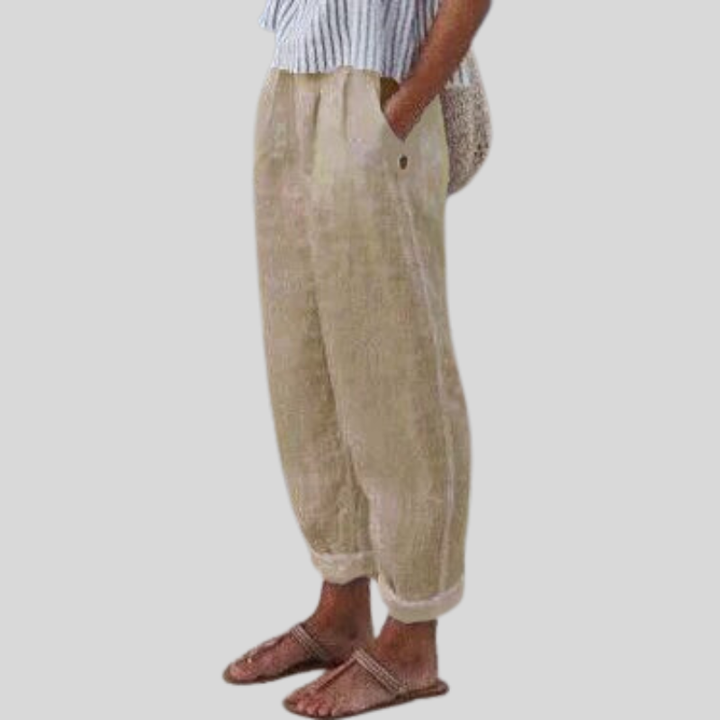 Linen Pants Women Barrel Leg | Folded Overlapping Hem and Soft Waist – Beige #colour_beige