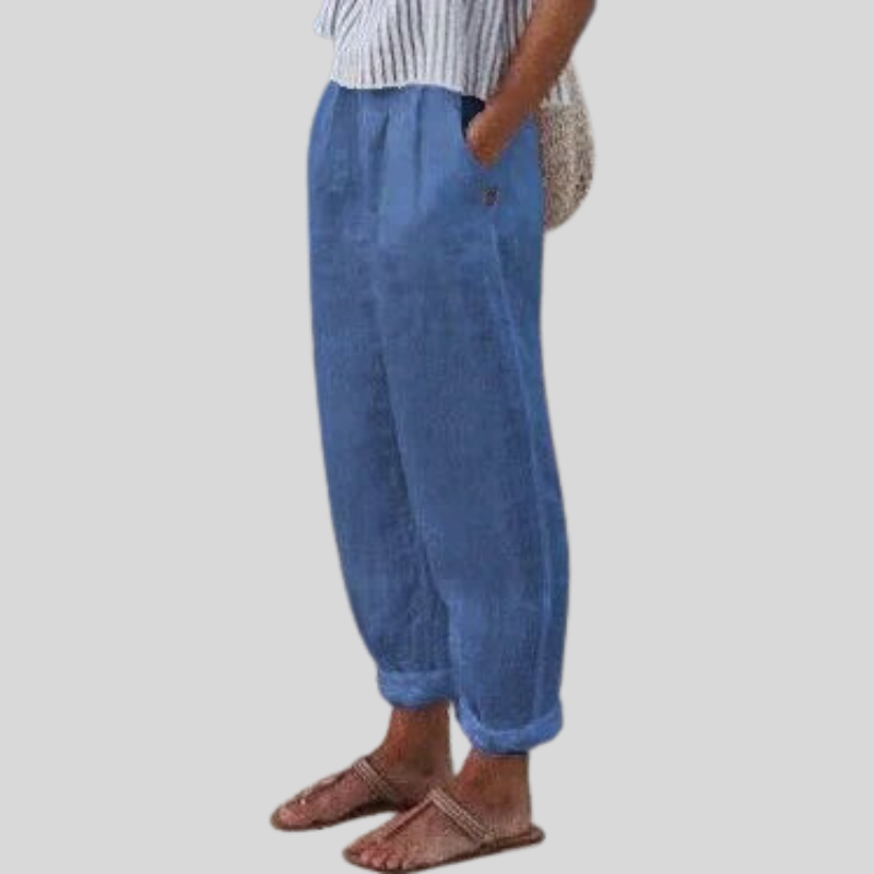 Linen Pants Women Barrel Leg | Folded Overlapping Hem and Soft Waist – Blue #colour_blue