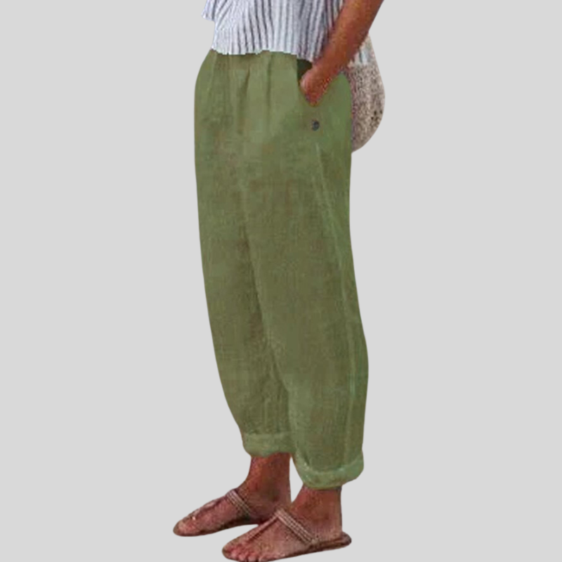 Linen Pants Women Barrel Leg | Folded Overlapping Hem and Soft Waist – Green #colour_green