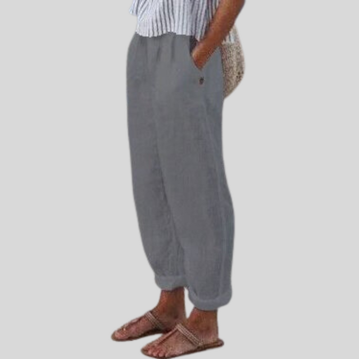 Linen Pants Women Barrel Leg | Folded Overlapping Hem and Soft Waist – Grey #colour_grey