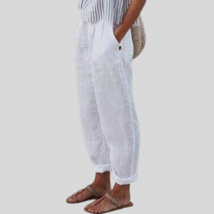 Linen Pants Women Barrel Leg | Folded Overlapping Hem and Soft Waist – White #colour_white