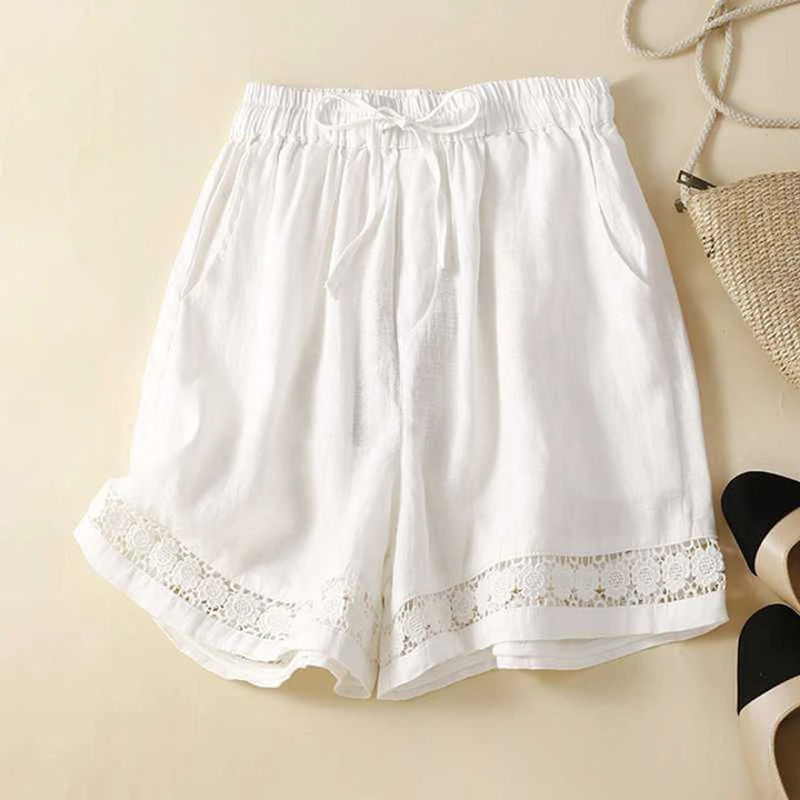 Shorts Embroidered Relaxed | Elastic Waist Scalloped Hem in White#colour_white