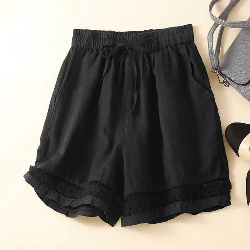 Shorts Embroidered Relaxed | Elastic Waist Scalloped Hem in Black#colour_black