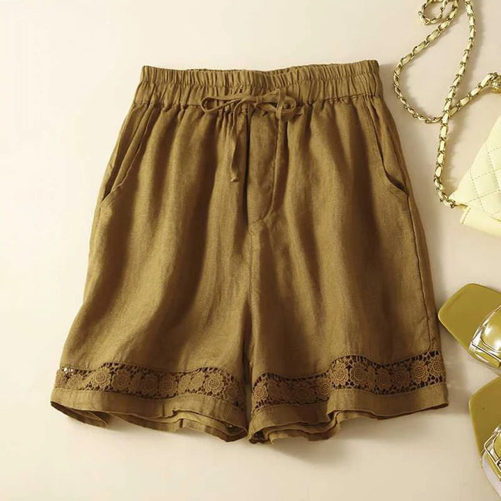 Shorts Embroidered Relaxed | Elastic Waist Scalloped Hem in Khaki#colour_khaki