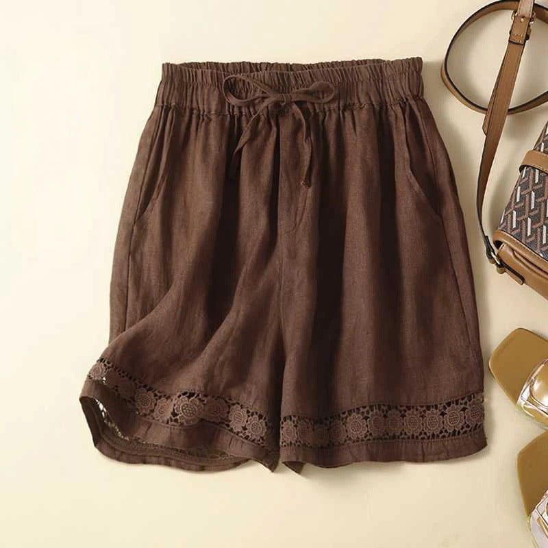 Shorts Embroidered Relaxed | Elastic Waist Scalloped Hem in Brown#colour_brown