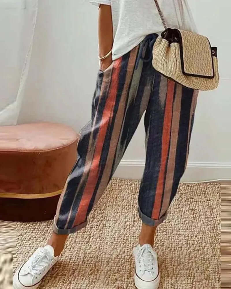 Linen Pants Women Vertical Stripes | Tapered Leg with Turned Up Cuff – Multicolour #colour_multicolour