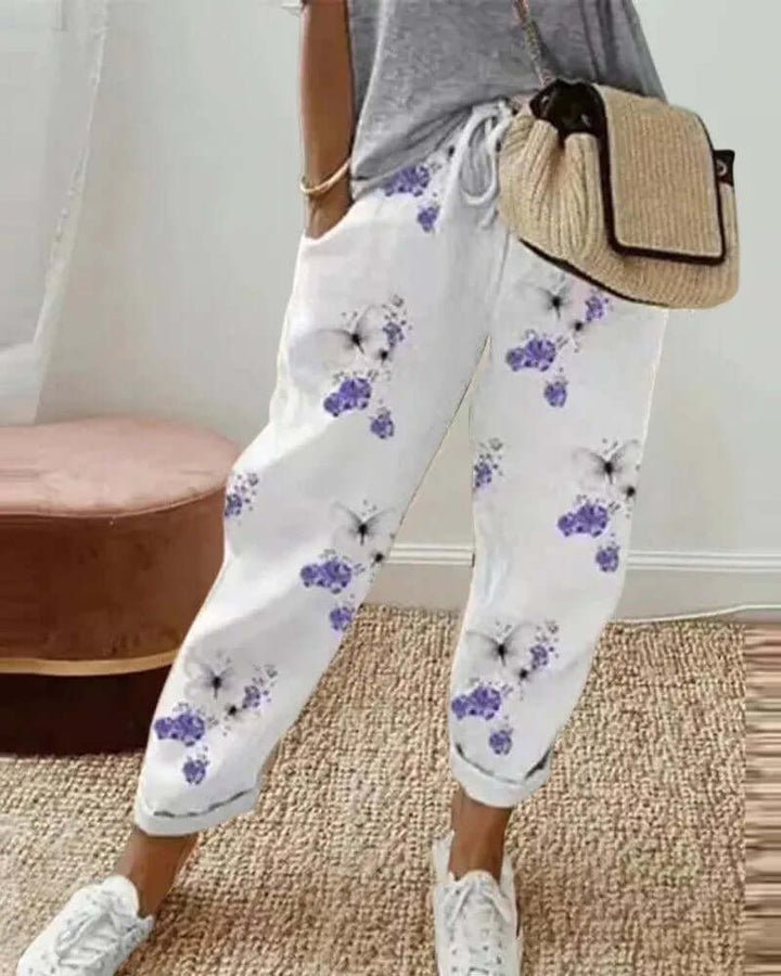 Linen Pants Women Vertical Stripes | Tapered Leg with Turned Up Cuff – White #colour_white