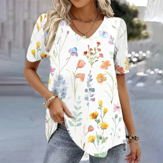 T Shirt Women Watercolour Wildflower Print | V Neck and Short Sleeves in Beige#colour_beige