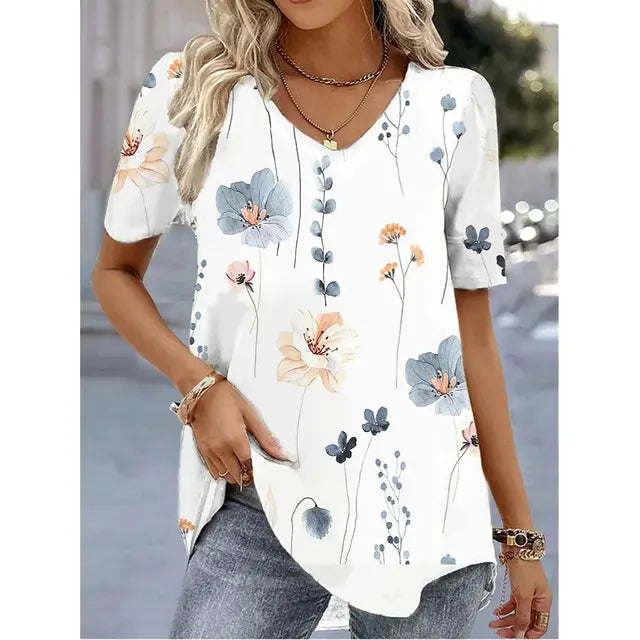 T Shirt Women Watercolour Wildflower Print | V Neck and Short Sleeves in White#colour_white